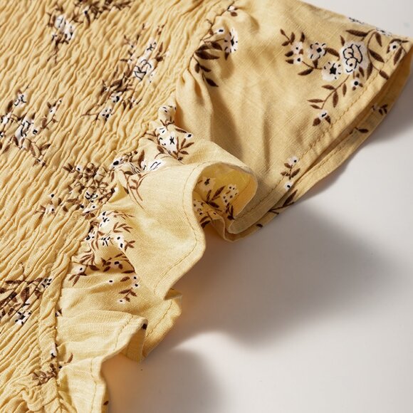 B265 Yellow Boho Floral Print Ruffle Smocked Flowy Summer Dress - Picture 9 of 12